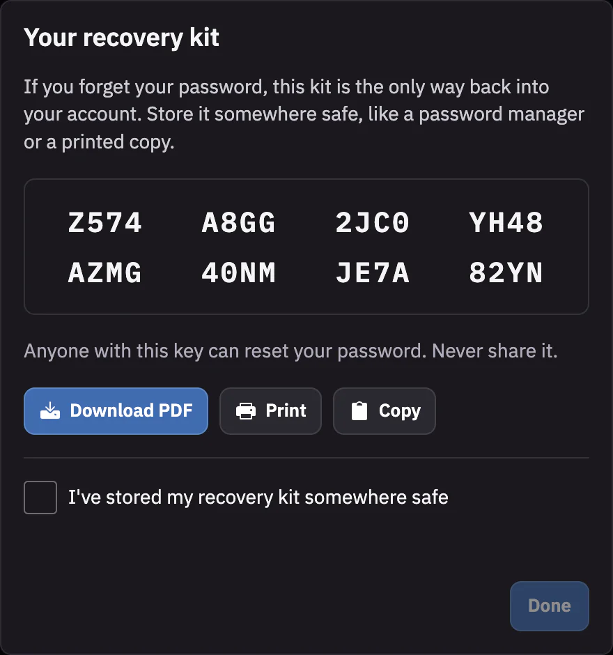 The Your recovery kit window in the desktop app, with a recovery key in eight groups of four characters, the warning Anyone with this key can reset your password. Never share it., the buttons Download PDF, Print and Copy, a checkbox for I've stored my recovery kit somewhere safe and a Done button