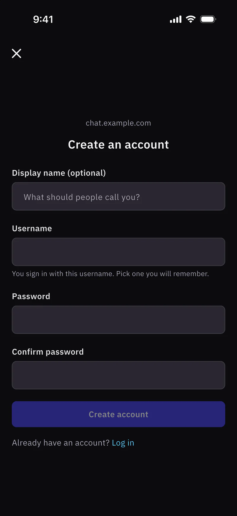 The Create an account screen on iOS for chat.example.com, with the fields Display name (optional), Username, Password and Confirm password, the hint You sign in with this username. Pick one you will remember., a Create account button and Already have an account? Log in